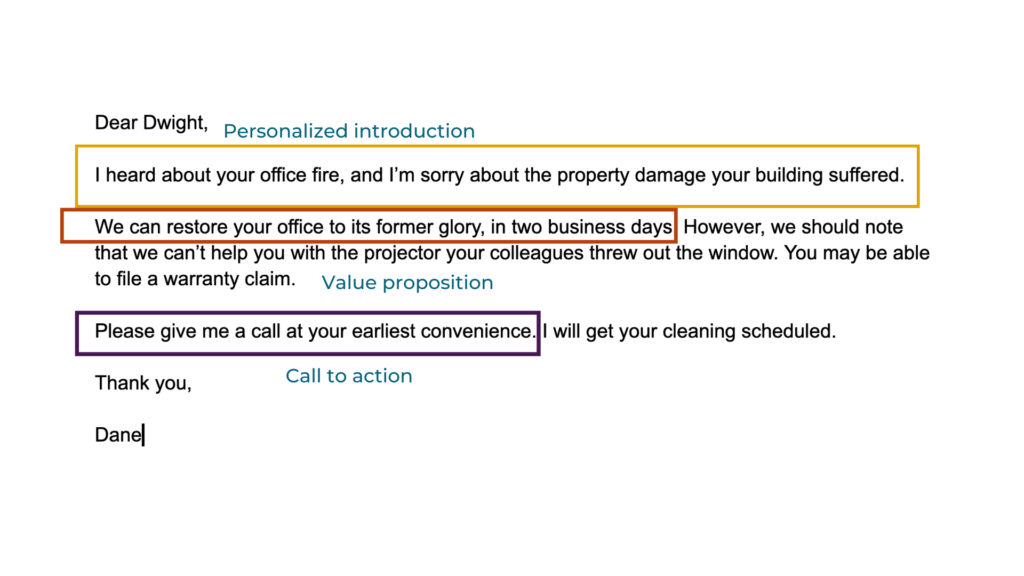 Sales email example, with annotations